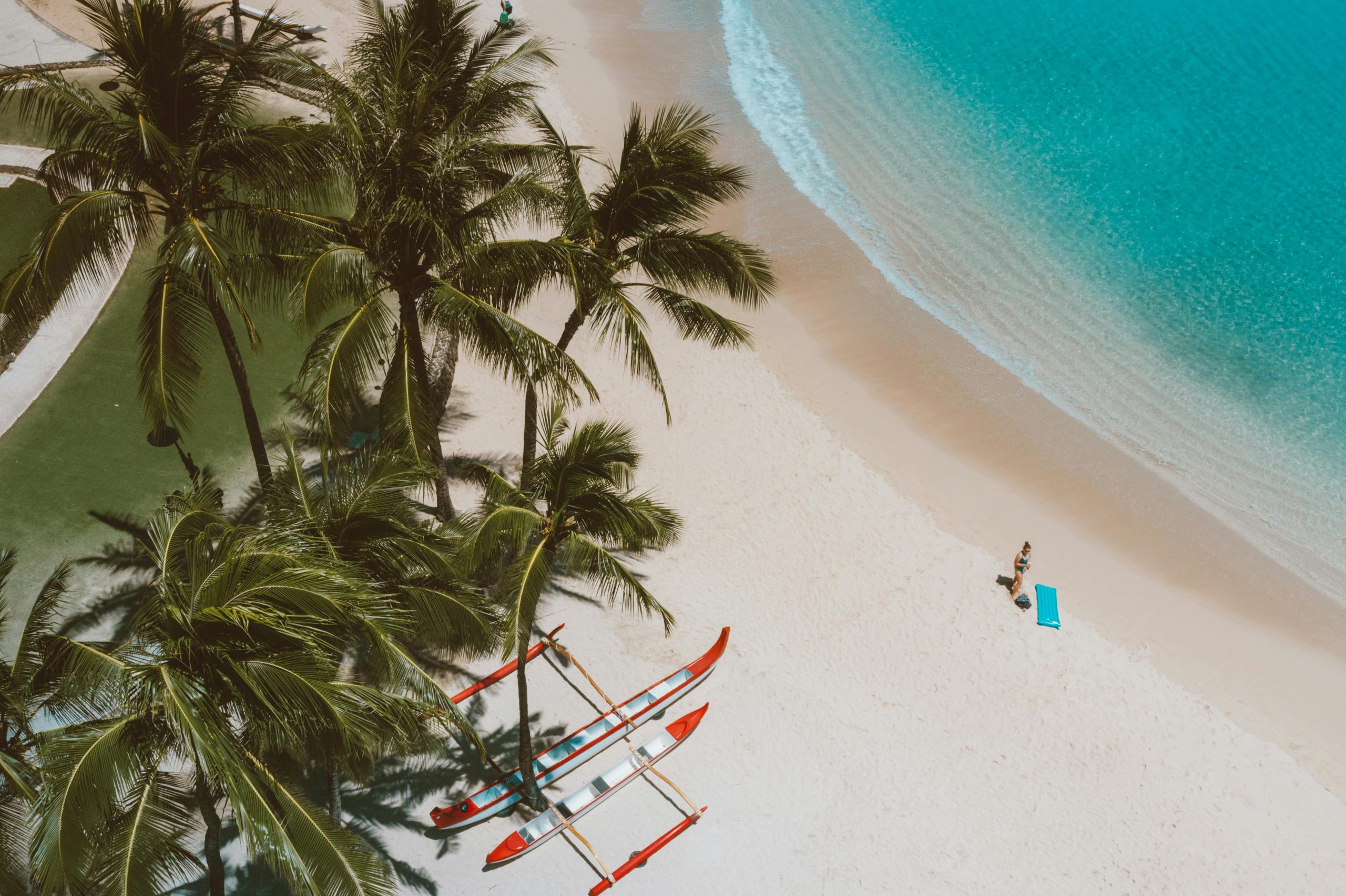aerial view of a white sand beach with palm trees and a boat
